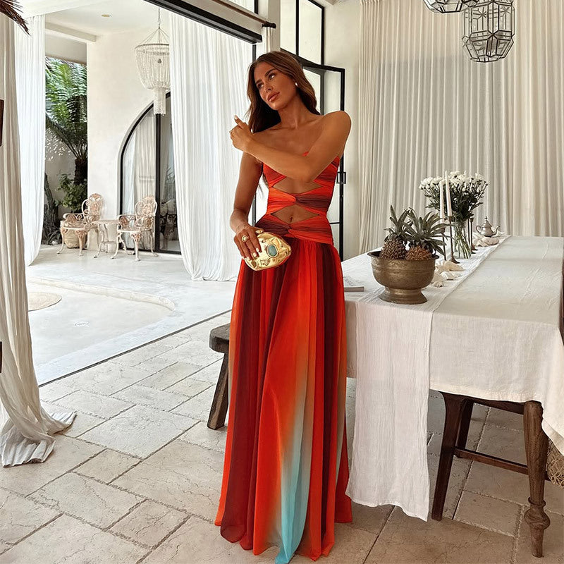 Hollow Out Tie-Dye Gradient Long Dress