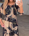 Elegant Three Quarter Sleeve Printed Waist Dress