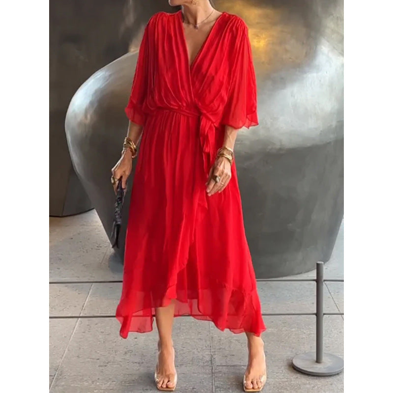 Tie Waist Batwing Long Dress