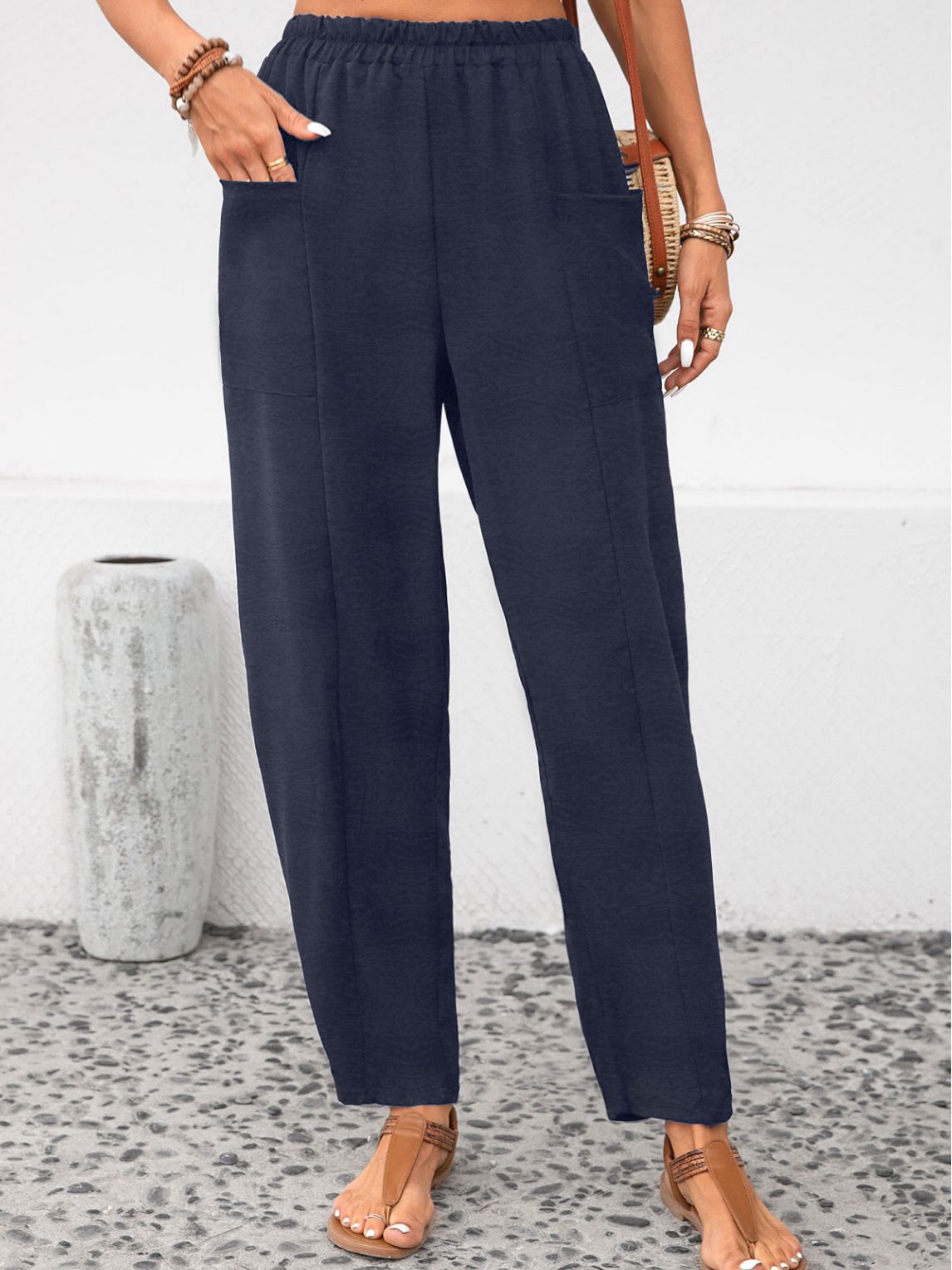 Solid Color Elastic Pants