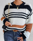 Contrast Striped Round Neck Long Sleeve Sweater