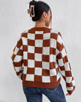 Women's Checkered Crew Neck Long Sleeve Sweater