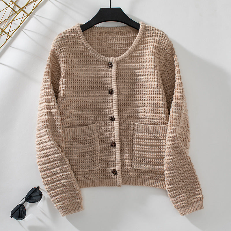 Solid Color Round Neck Knit Cardigan