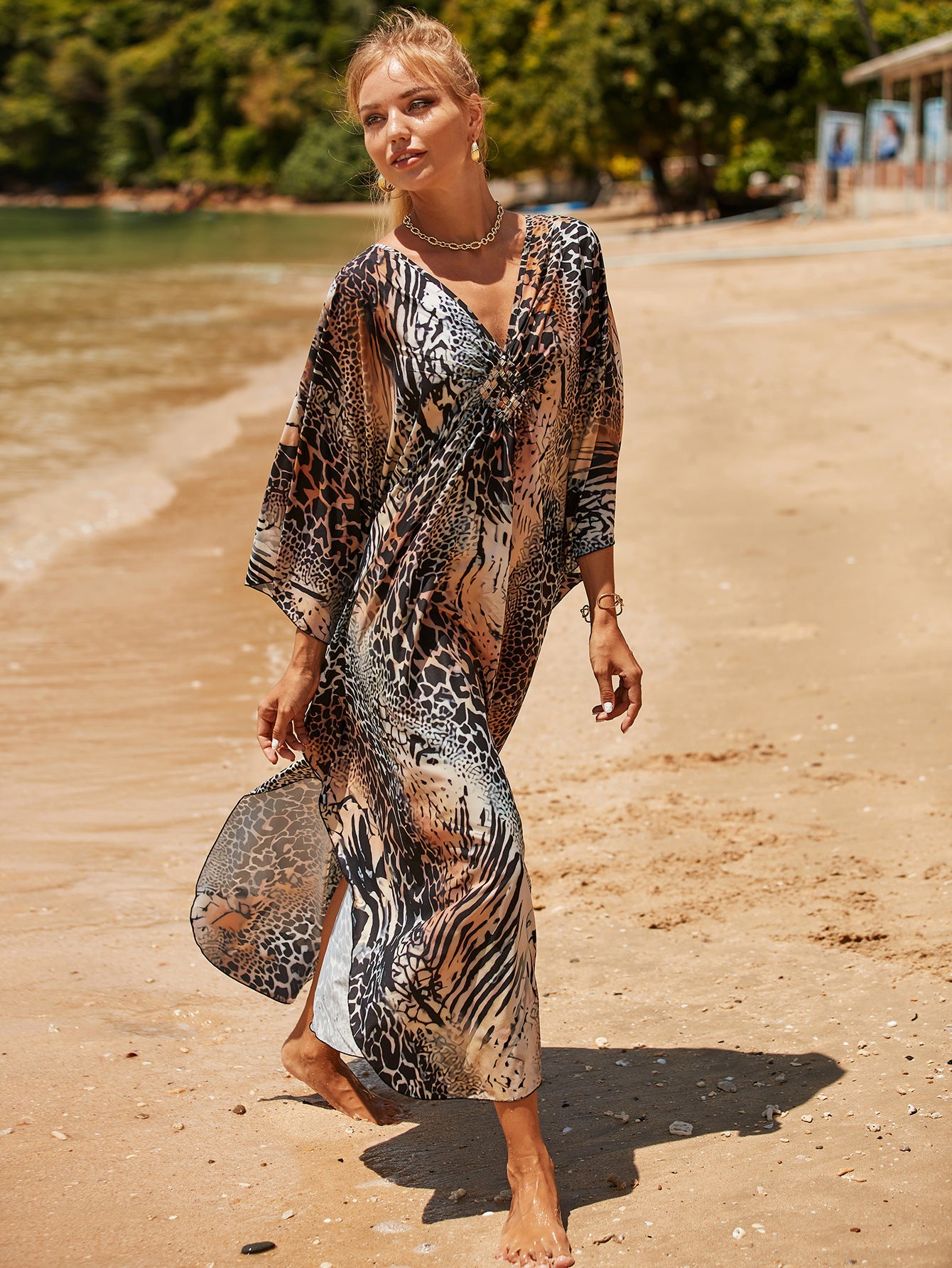 Coral Breeze Wrap Dress with Kimono Sleeves