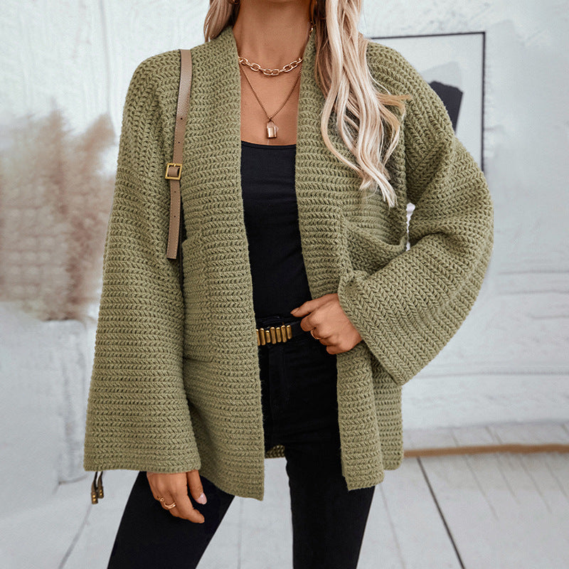 Women's Long V Neck Solid Color Cardigan