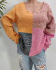 Color Block Decorative Button Long Sleeve Sweater