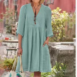 Cotton Linen V Neck Midi Dress