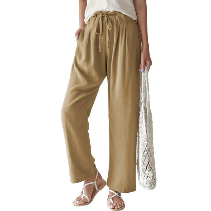 Elastic Waist Cotton Linen Straight Pants