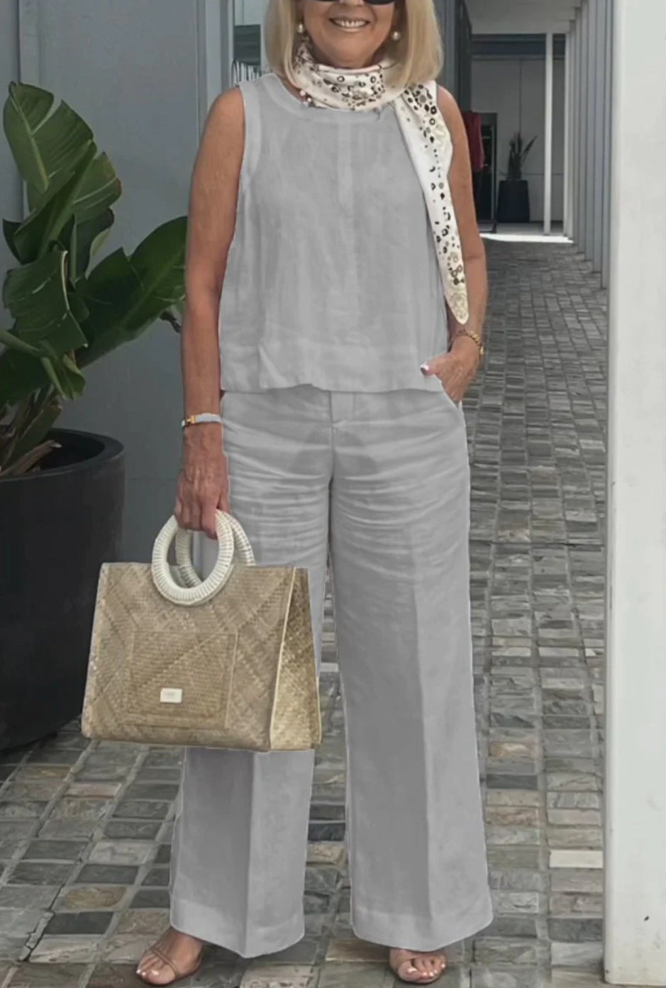 Sleeveless Cotton Linen Wide-Leg Pants Set