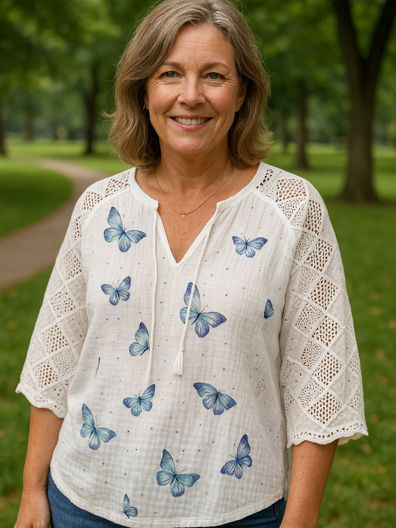 Ladies Butterfly Print V-neck Blouse