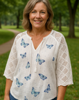 Ladies Butterfly Print V-neck Blouse