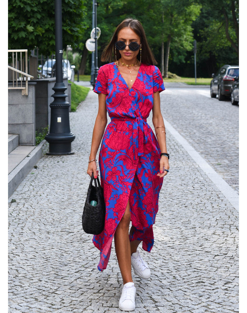 Casual Floral Wraparound Midi Dress