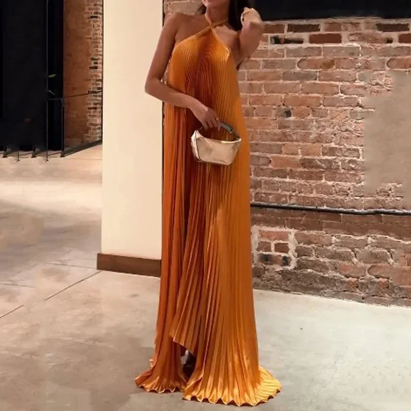 Chic Pleated Halter Neck Maxi Dress