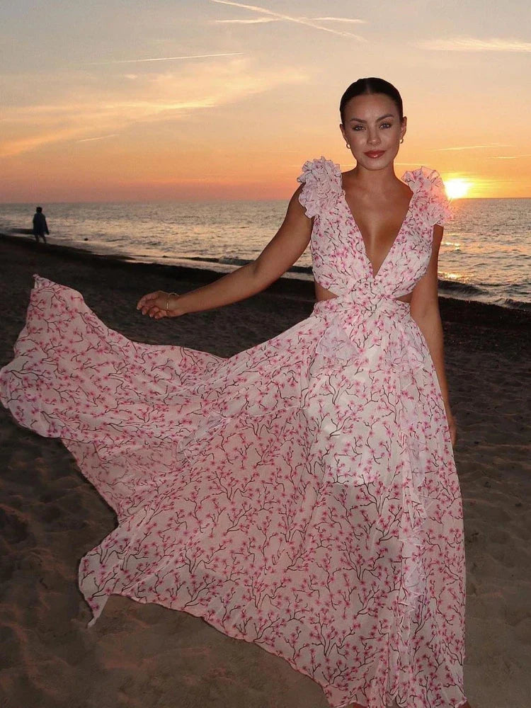 Elegant Backless Ruffles Maxi Dress