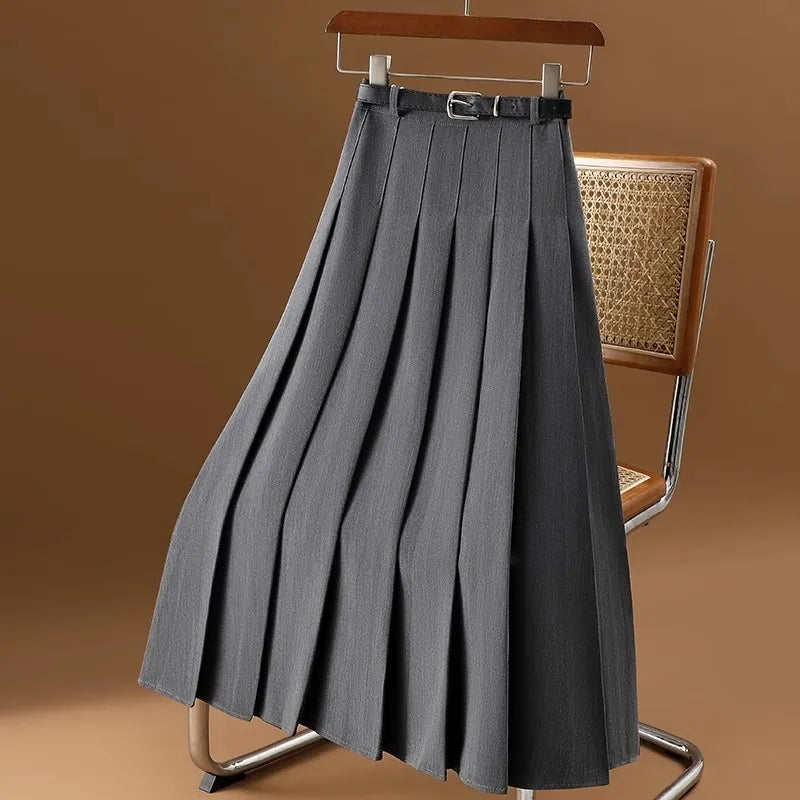 Stylish Belted Pleated Midi Skirt