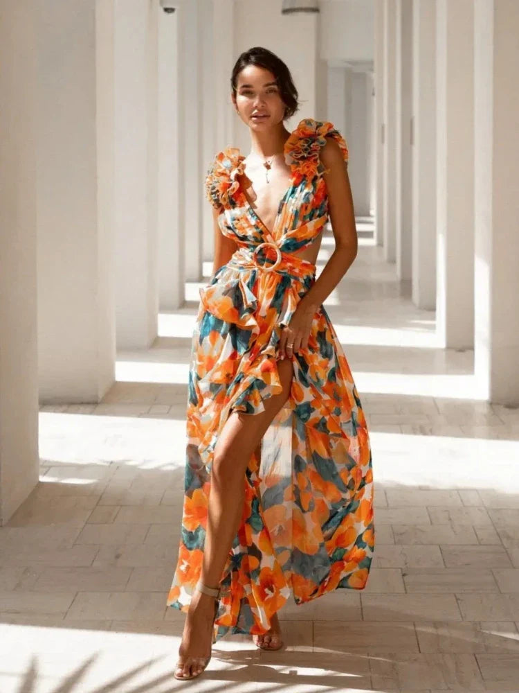 Elegant Backless Ruffles Maxi Dress