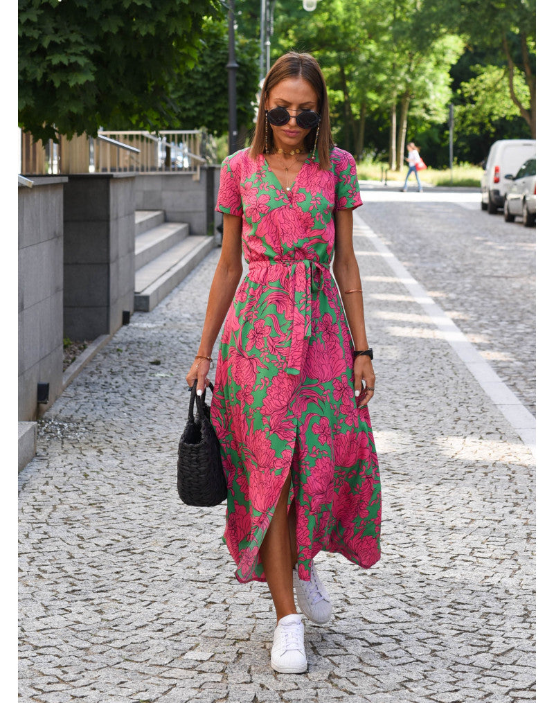 Casual Floral Wraparound Midi Dress
