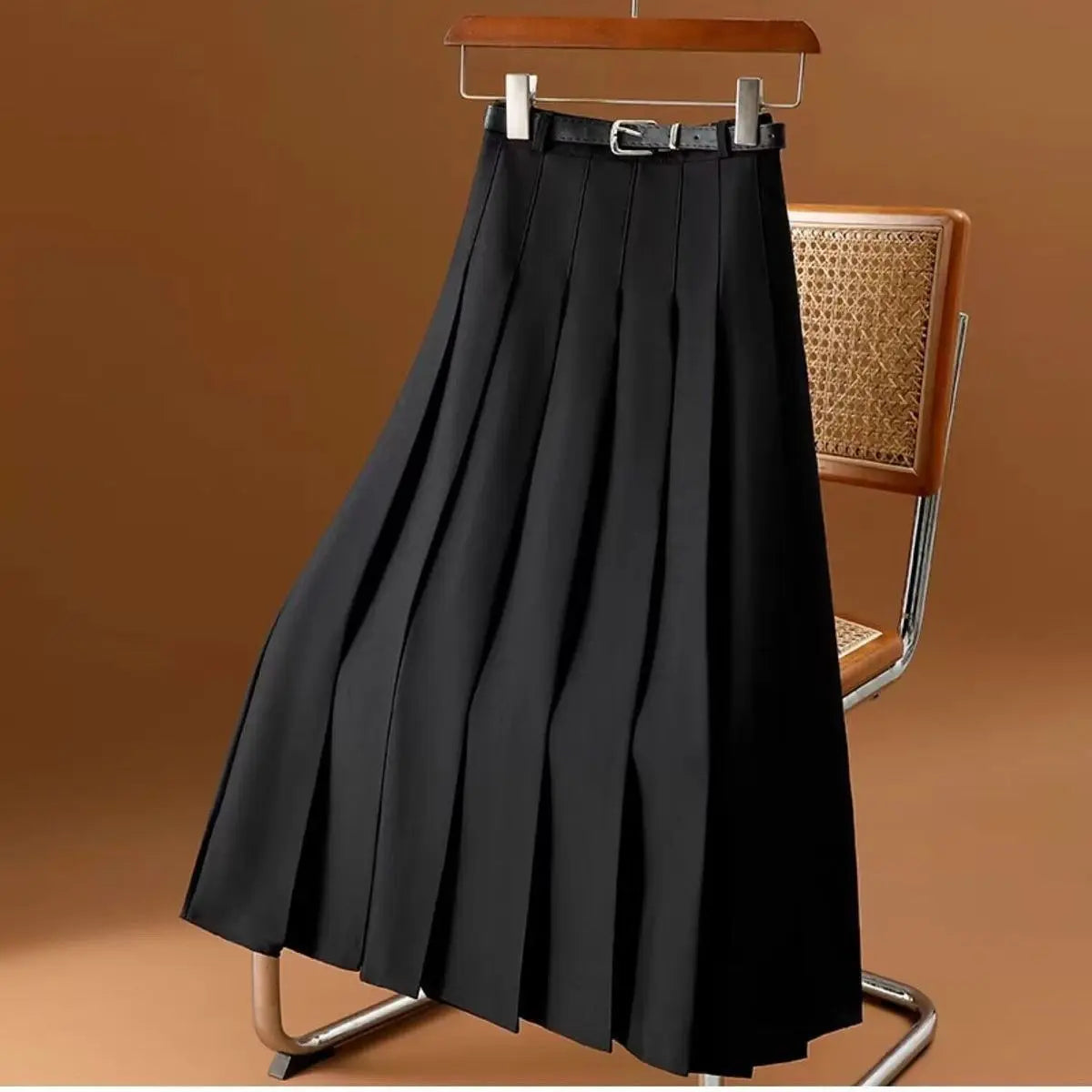 Stylish Belted Pleated Midi Skirt