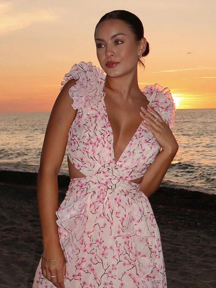 Elegant Backless Ruffles Maxi Dress