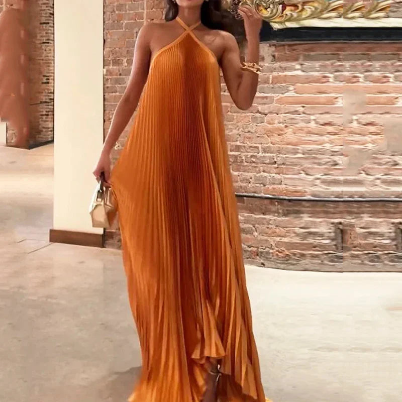 Chic Pleated Halter Neck Maxi Dress