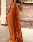Chic Pleated Halter Neck Maxi Dress
