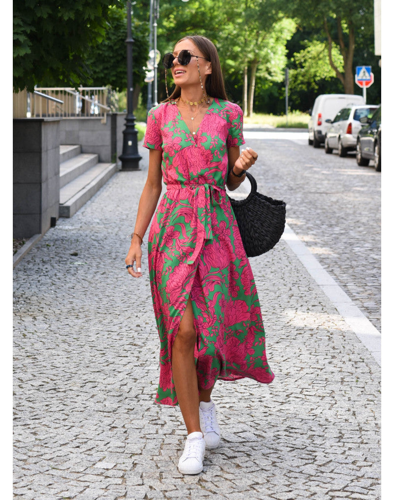 Casual Floral Wraparound Midi Dress