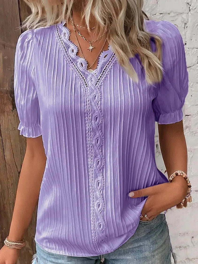 Casual V-Neck Lace Blouse