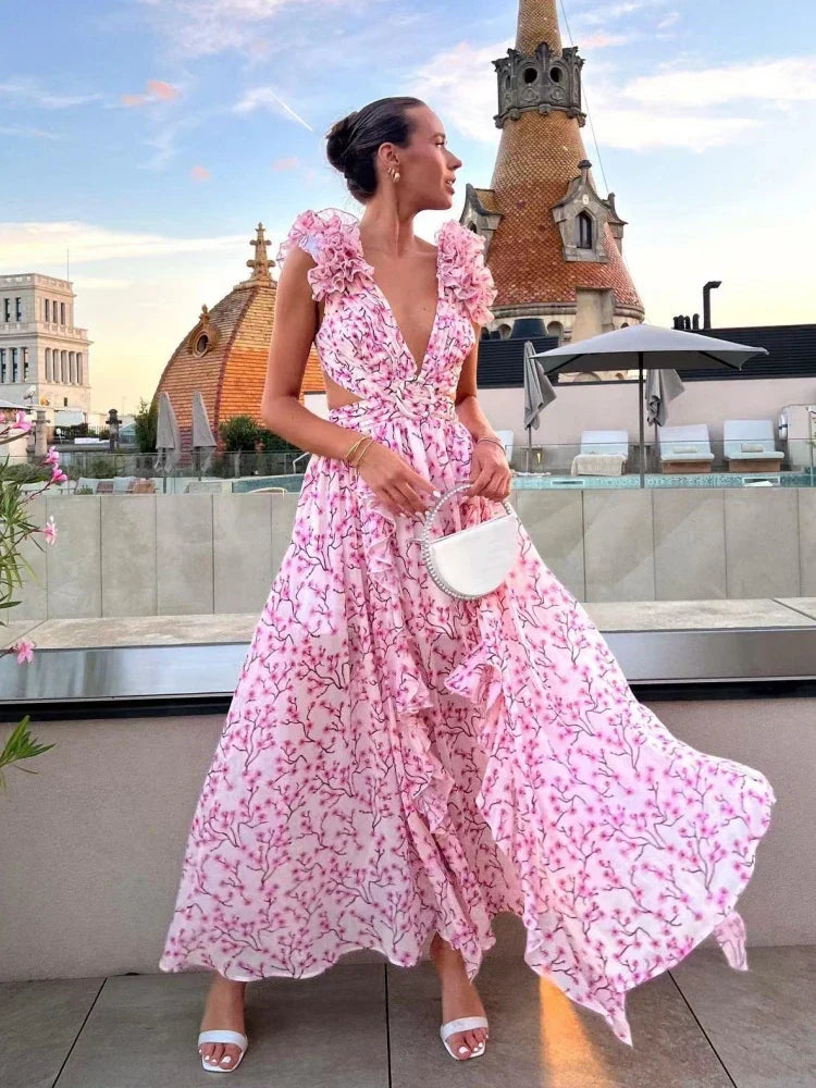 Elegant Backless Ruffles Maxi Dress