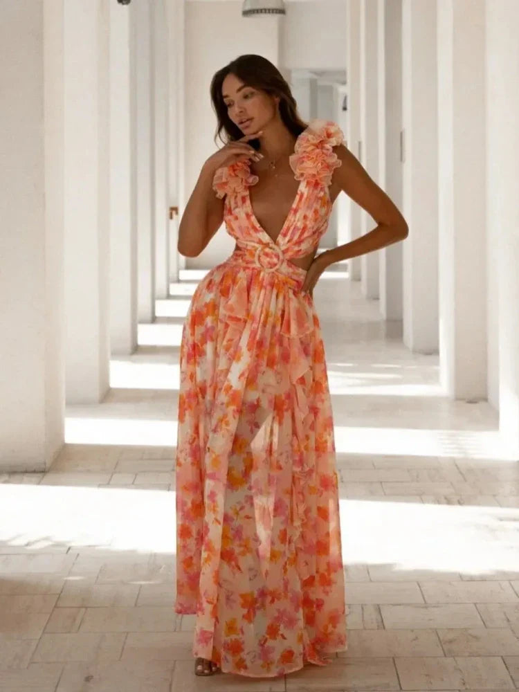 Elegant Backless Ruffles Maxi Dress
