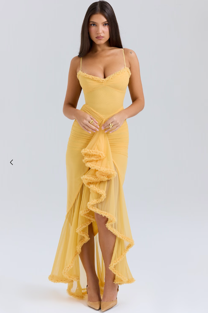 Ruched Ruffle Dovetail Party Dress