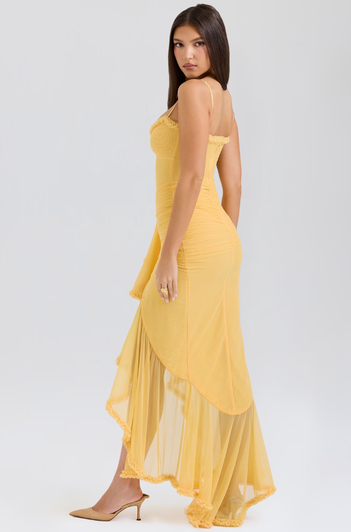 Ruched Ruffle Dovetail Party Dress