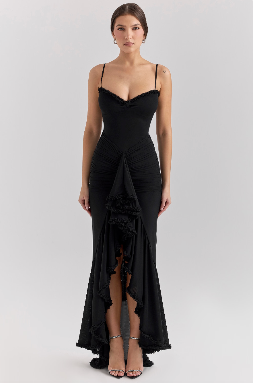 Ruched Ruffle Dovetail Party Dress