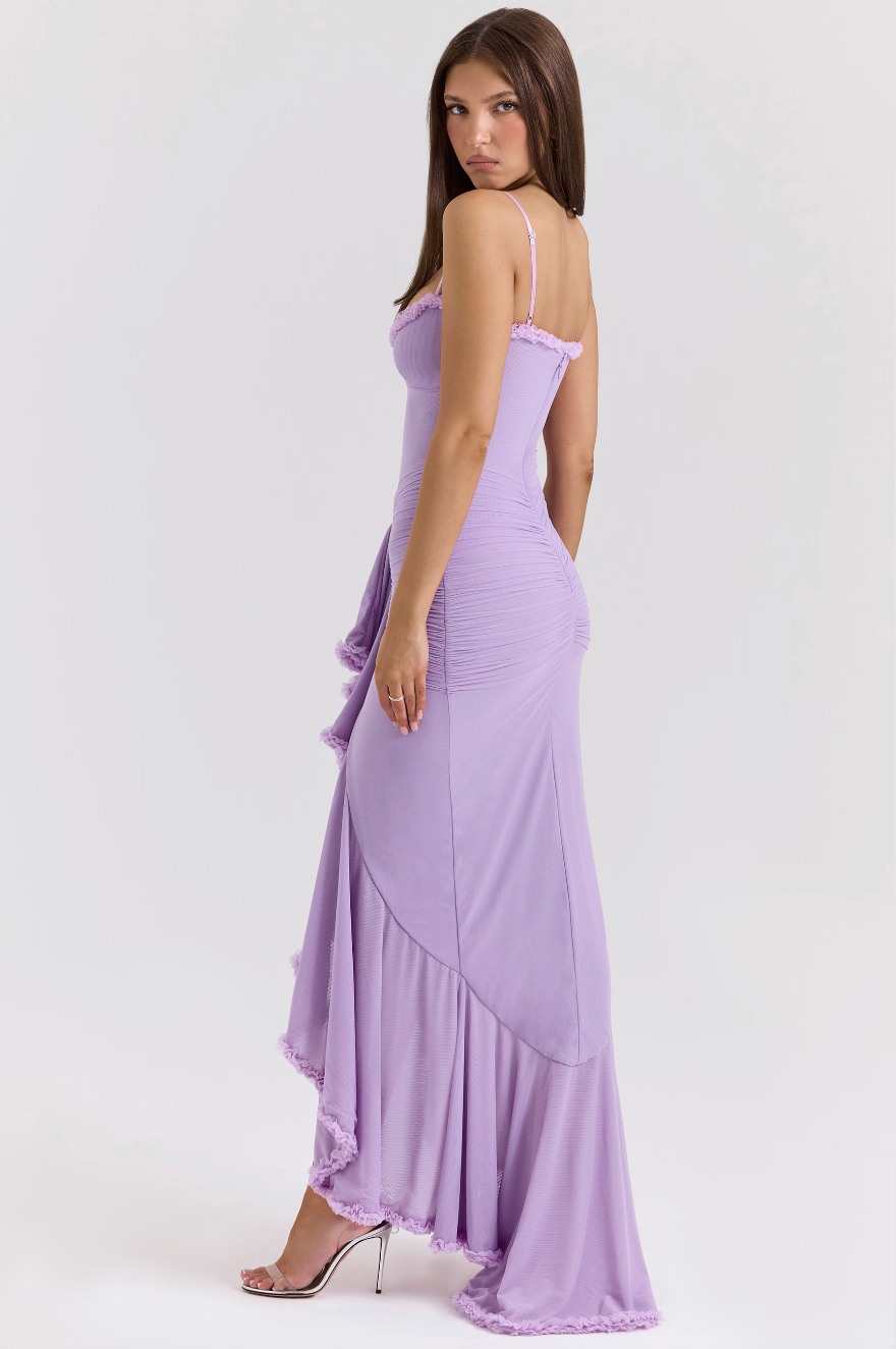 Ruched Ruffle Dovetail Party Dress