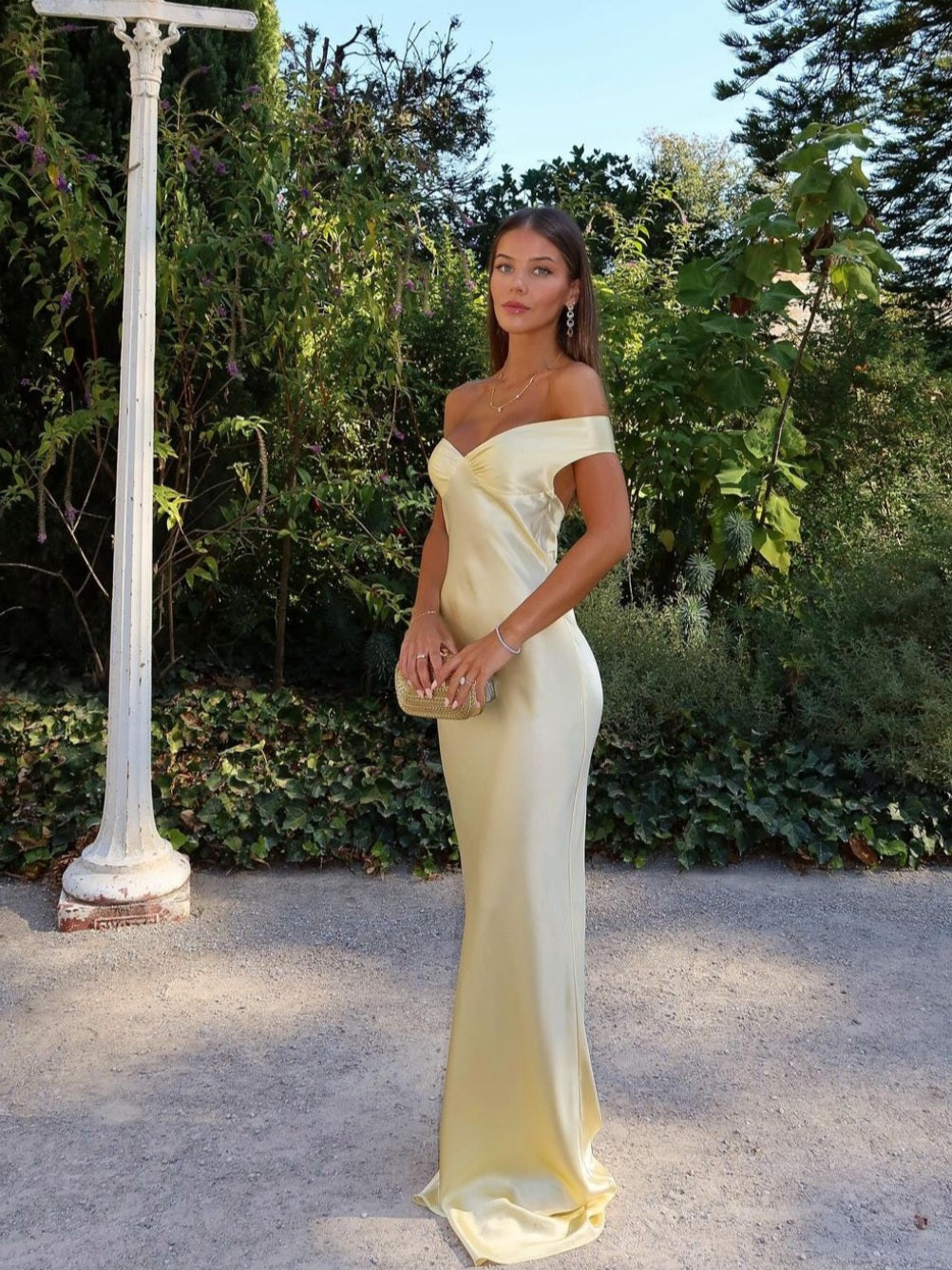 Strapless Satin Off-Shoulder Evening Dress