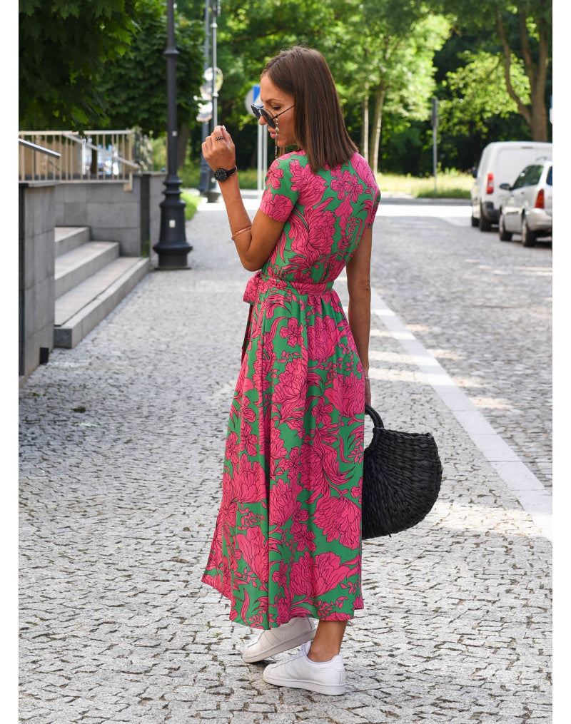 Casual Floral Wraparound Midi Dress