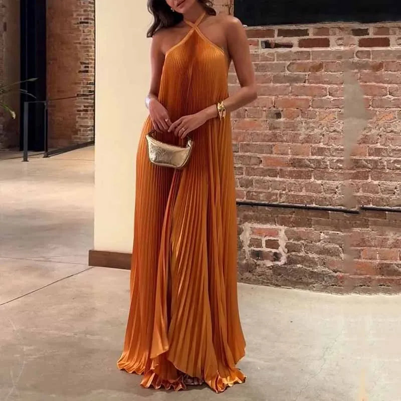 Chic Pleated Halter Neck Maxi Dress