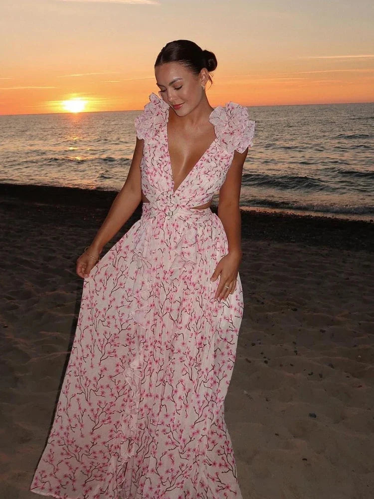 Elegant Backless Ruffles Maxi Dress