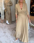Elegant solid color V-neck three-quarter sleeve dress