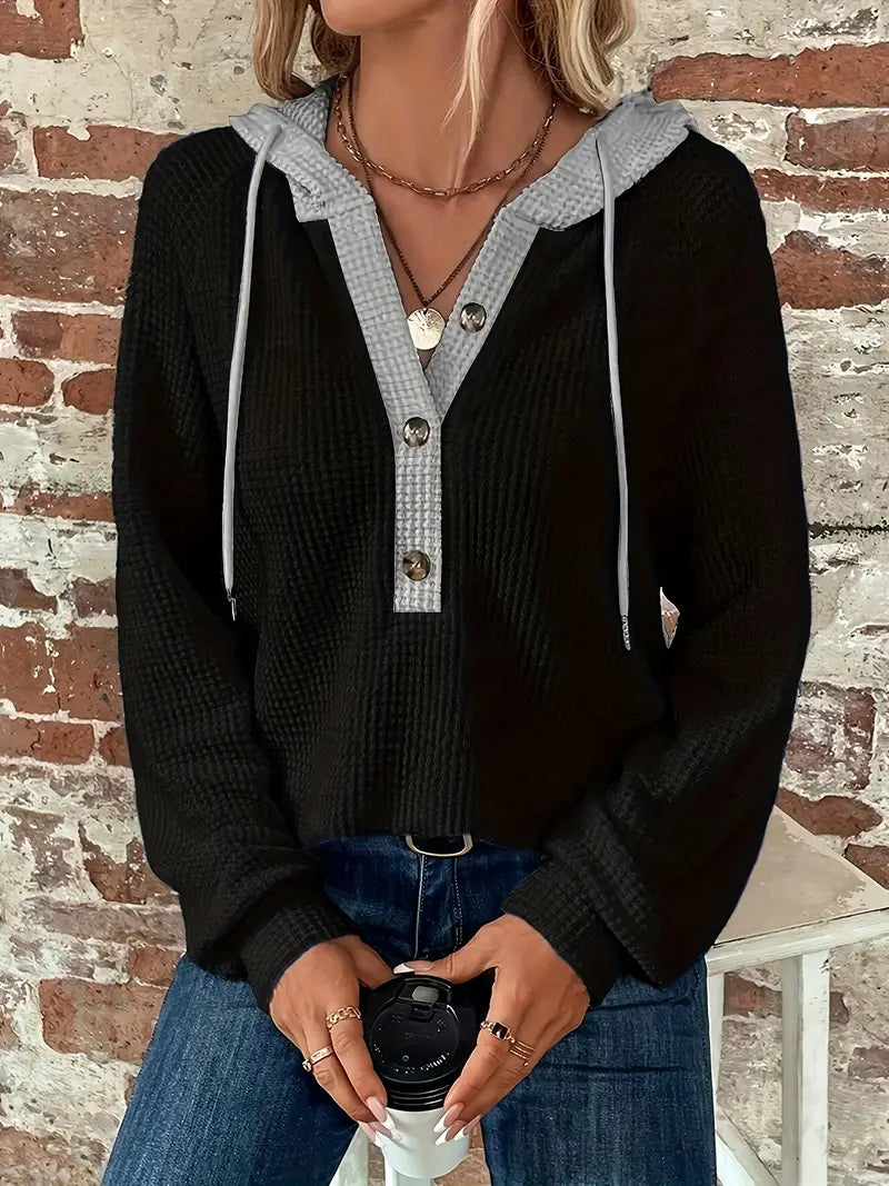 Long Sleeve Button Front Drawstring Hoodie