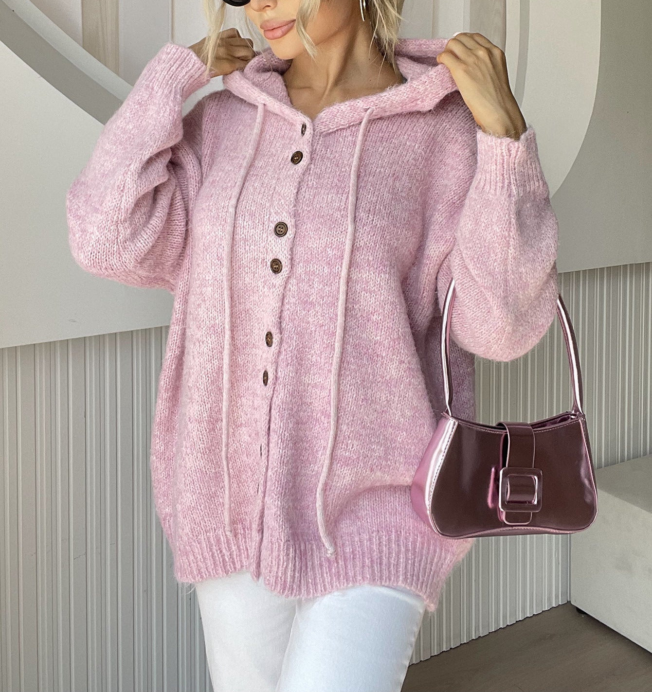 Drawstring Button Down Hooded Cardigan