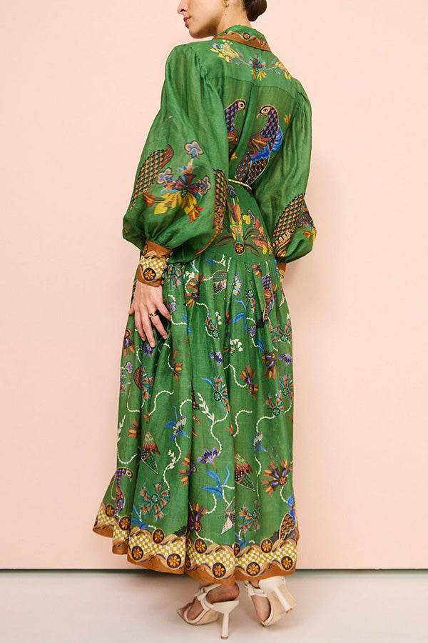Celestial Bird Print Puff Sleeve Dress