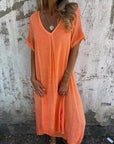 Cotton and Linen V-neck Midi Dress