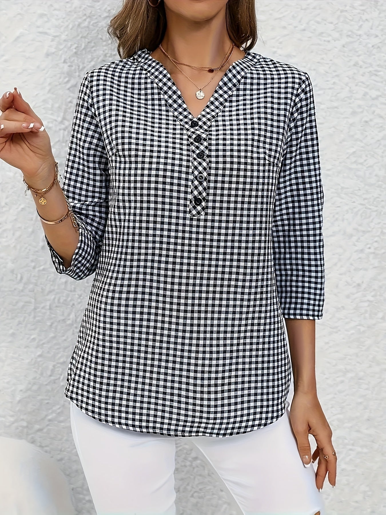 Elegant V-Neck Plaid Blouse