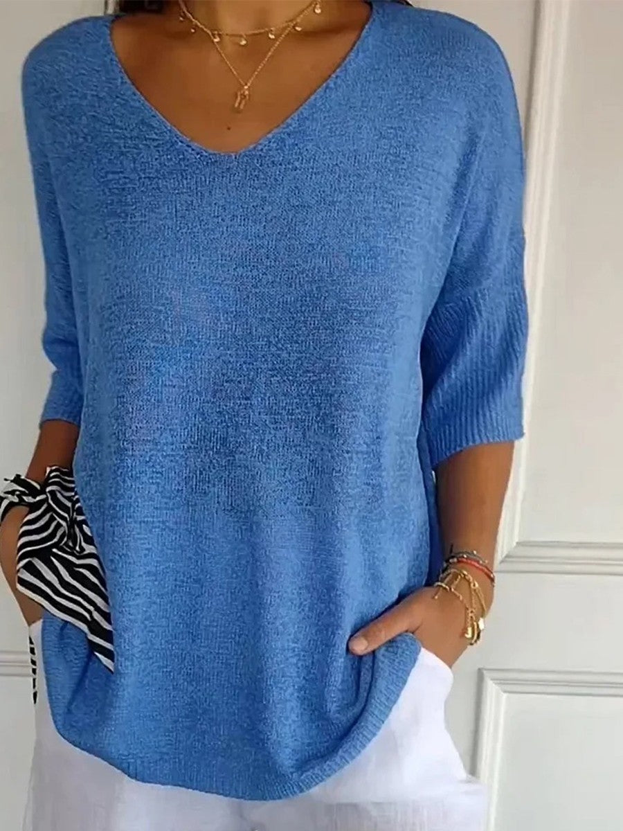 Solid Color Knitted V-Neck Blouse