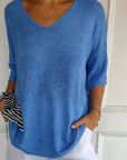 Solid Color Knitted V-Neck Blouse