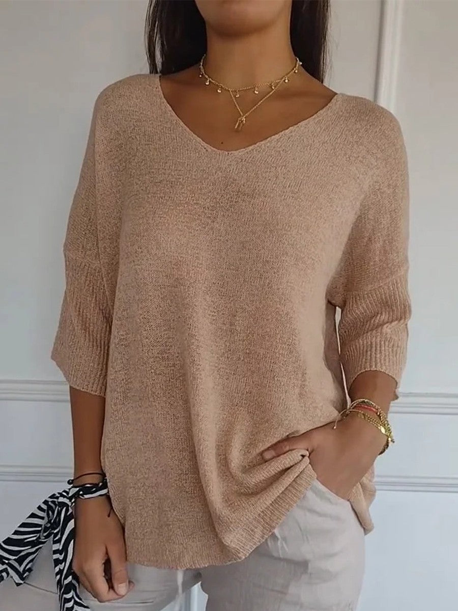Solid Color Knitted V-Neck Blouse