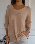 Solid Color Knitted V-Neck Blouse
