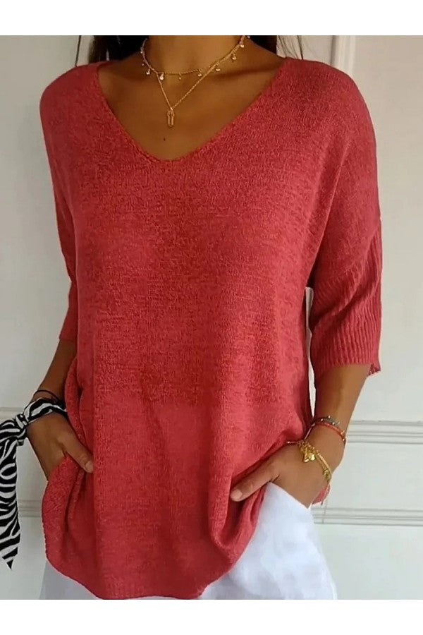Solid Color Knitted V-Neck Blouse