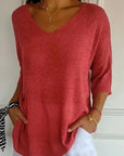 Solid Color Knitted V-Neck Blouse