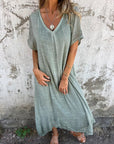 Cotton and Linen V-neck Midi Dress